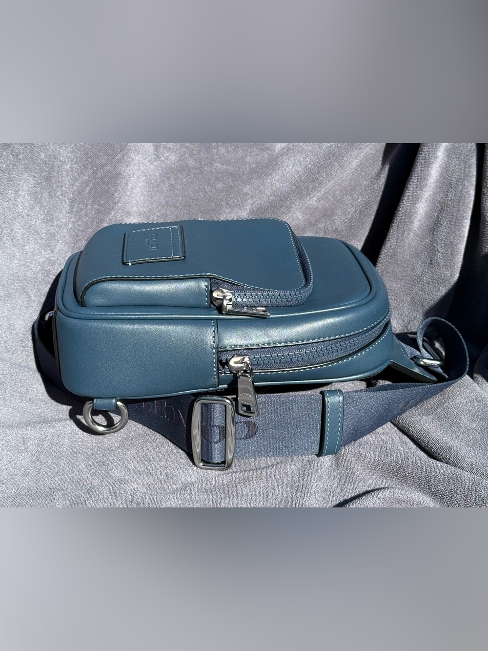COACH Racer Sling Pack In Smooth Leather in Dark Denim Blue with Silver Hardware - Picture 5 of 14